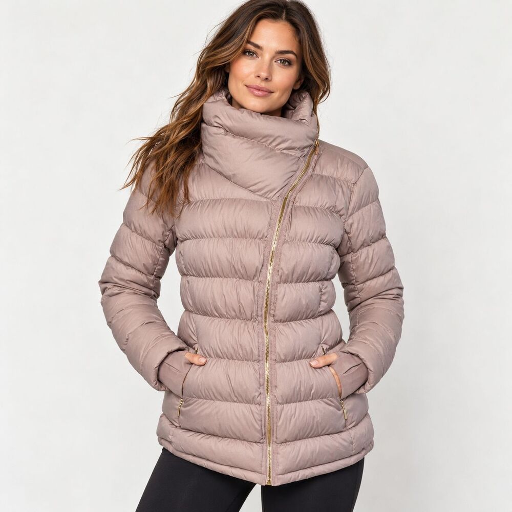 Athleta Downabout Goose Down Puffer Jacket L Cardamom Spice Pink Asymmetric Zip
